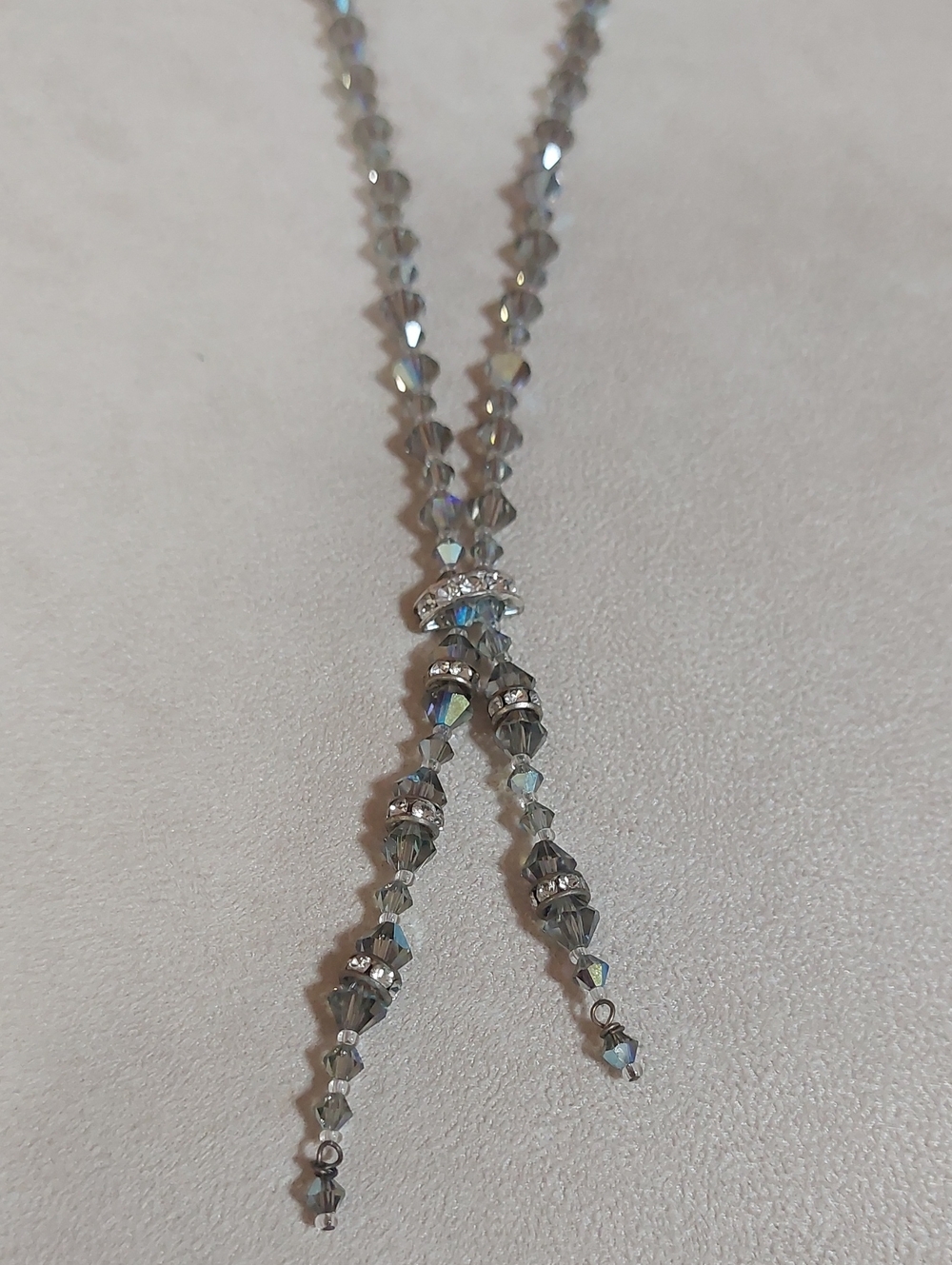 Gray Crystal Beaded Lariat Necklace with Rhinestone Accents